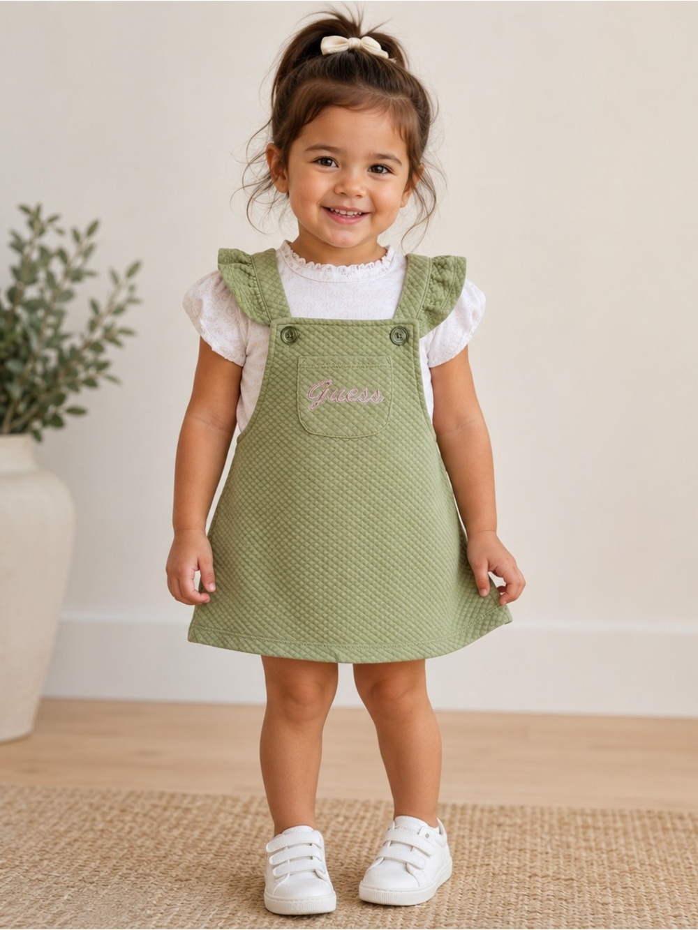 Guess Olive Green Quilted Ruffle Strap Pinafore Size 5